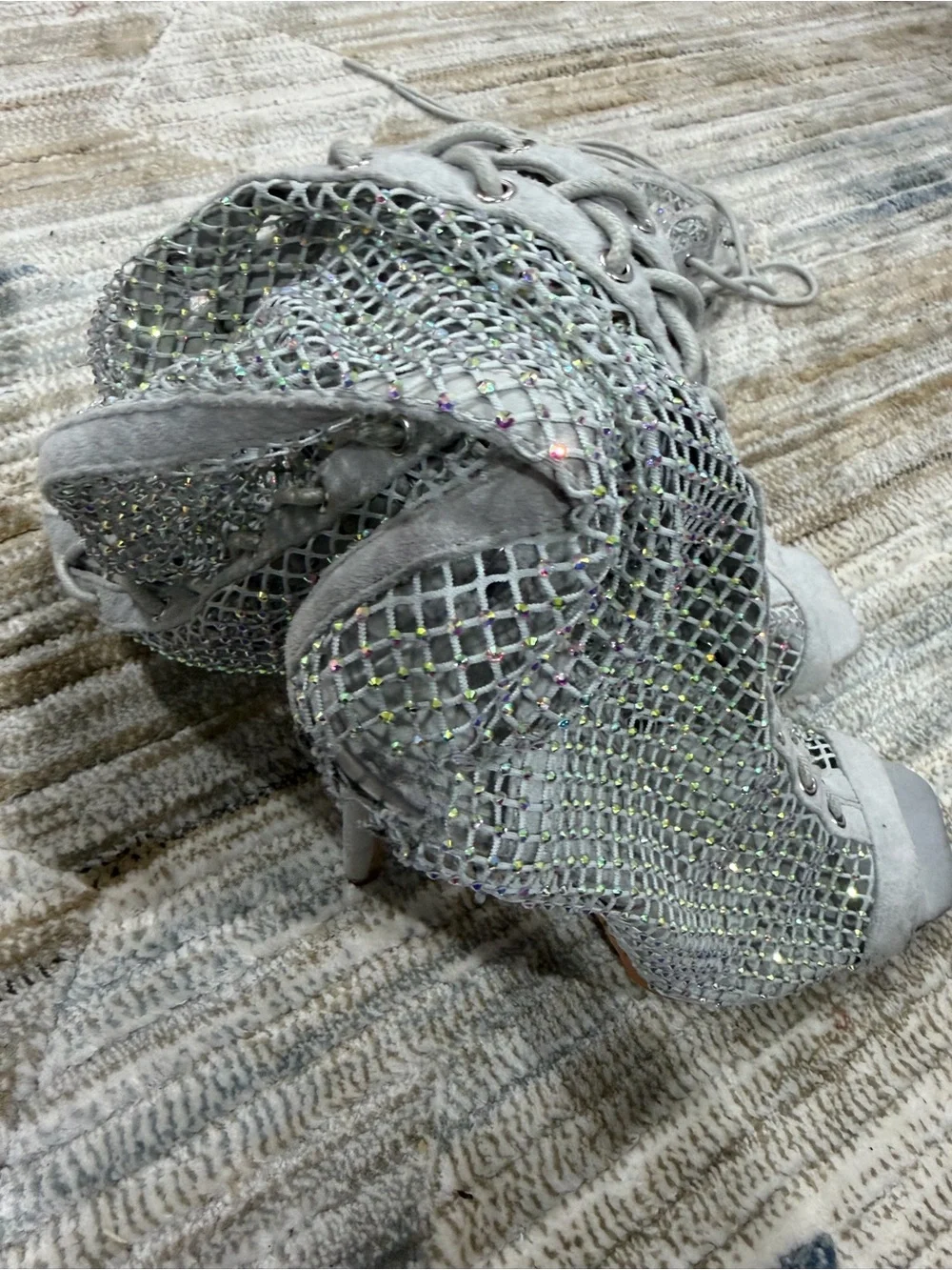 Sparkling Gray Mesh Lace-Up Peep-Toe Boots